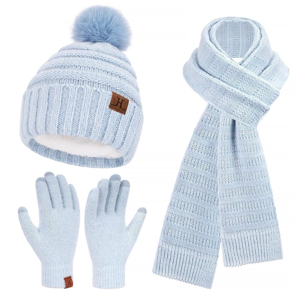 6065 Winter Hats Beanie Touchscreen Gloves Long Scarf Set Knit Warm Caps